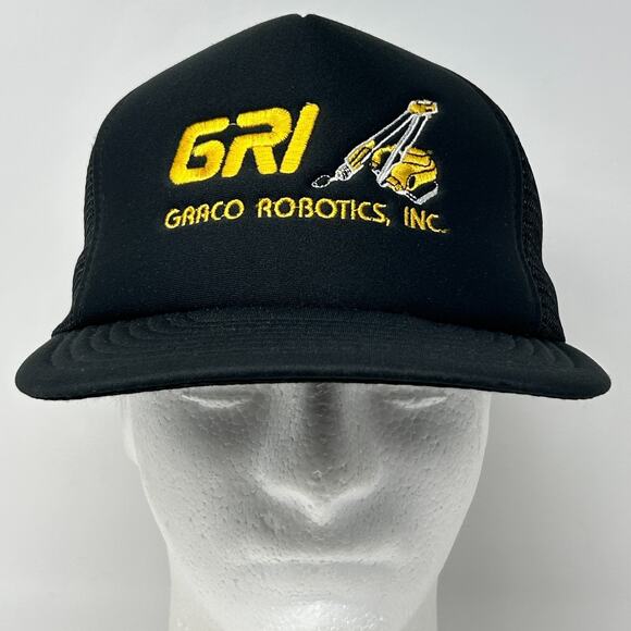 Vintage 90s Graco Robotics Inc Trucker Hat Baseball Cap GRI Mesh Snapback Black - Picture 2 of 9
